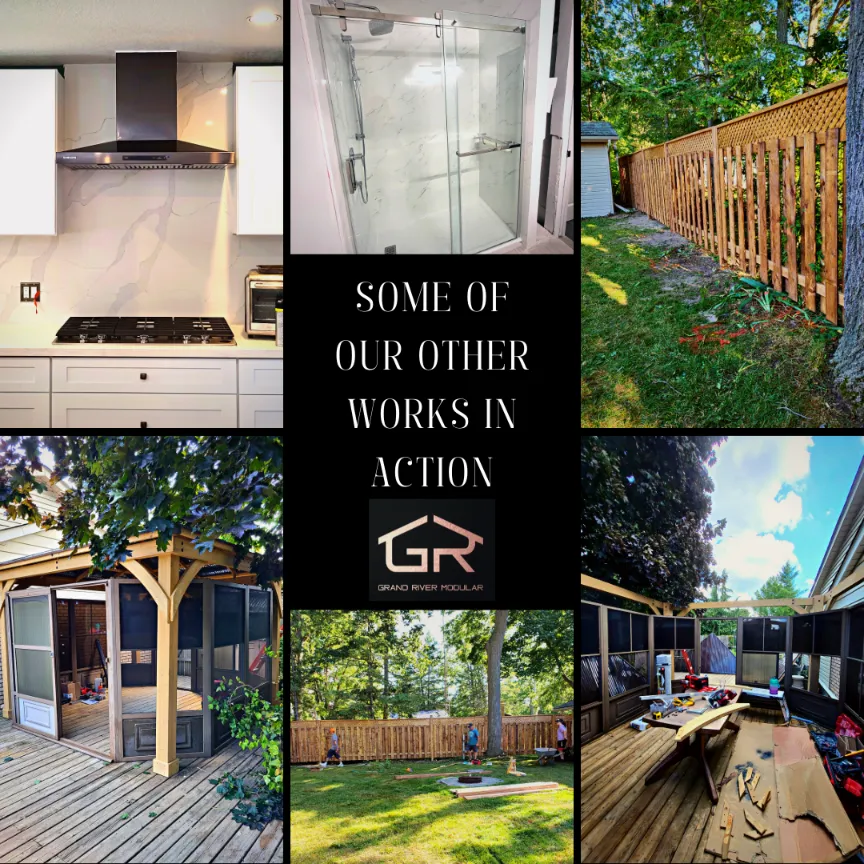 A social media style photo displaying examples of GRM's work in kitchens, bathrooms, and backyards